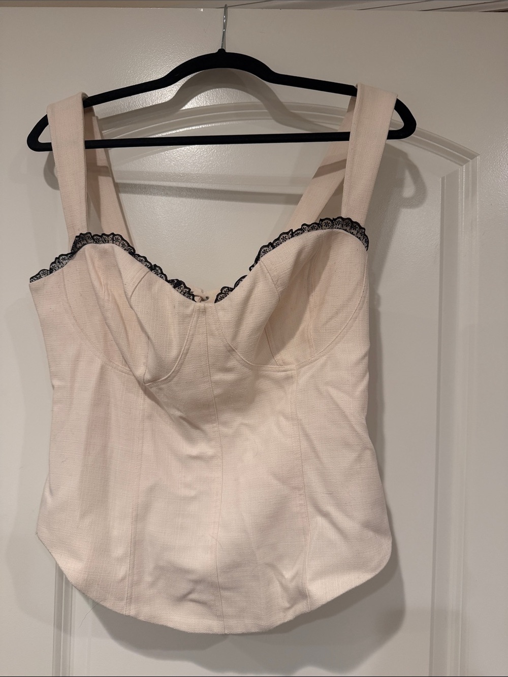 Reformation Cream Bustier Top with Black Lace Trim